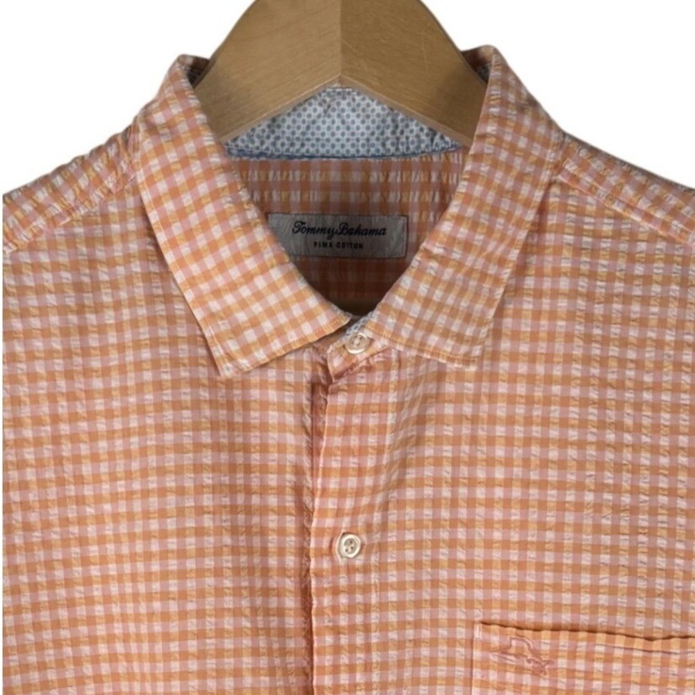 Tommy Bahama Gingham Pima Cotton Seersucker Shirt Mens L Orange Long Sleeve